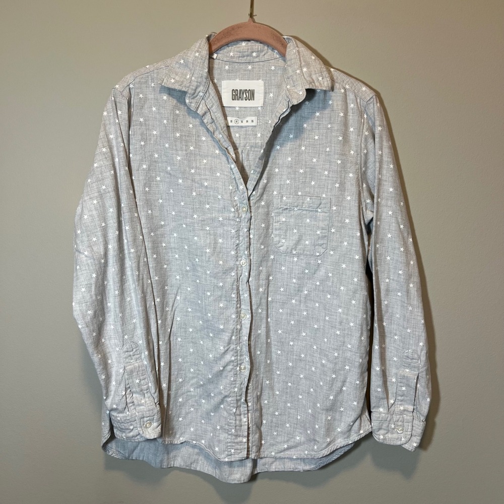 Grayson The Hero Button Down Shirt Gray White Star Print Cotton Size 02 Medium